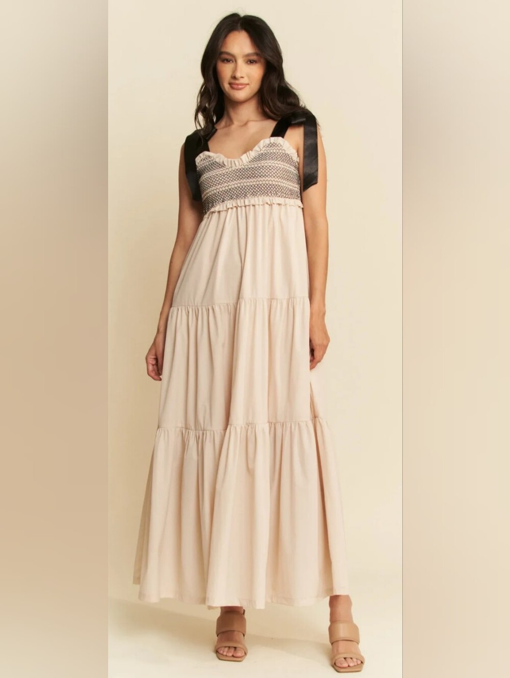 🌼B2G1🌼 DAVI & DANI Cream Tiered Maxi Dress with Black Ribbon Straps NWT